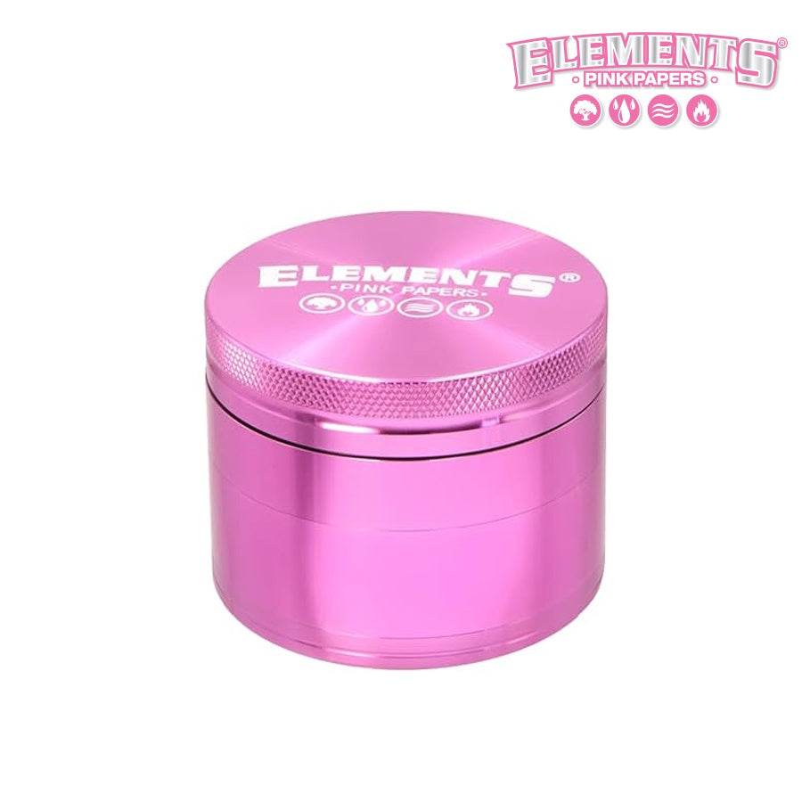 Pink metal grinder with 'Elements' branding on a white background