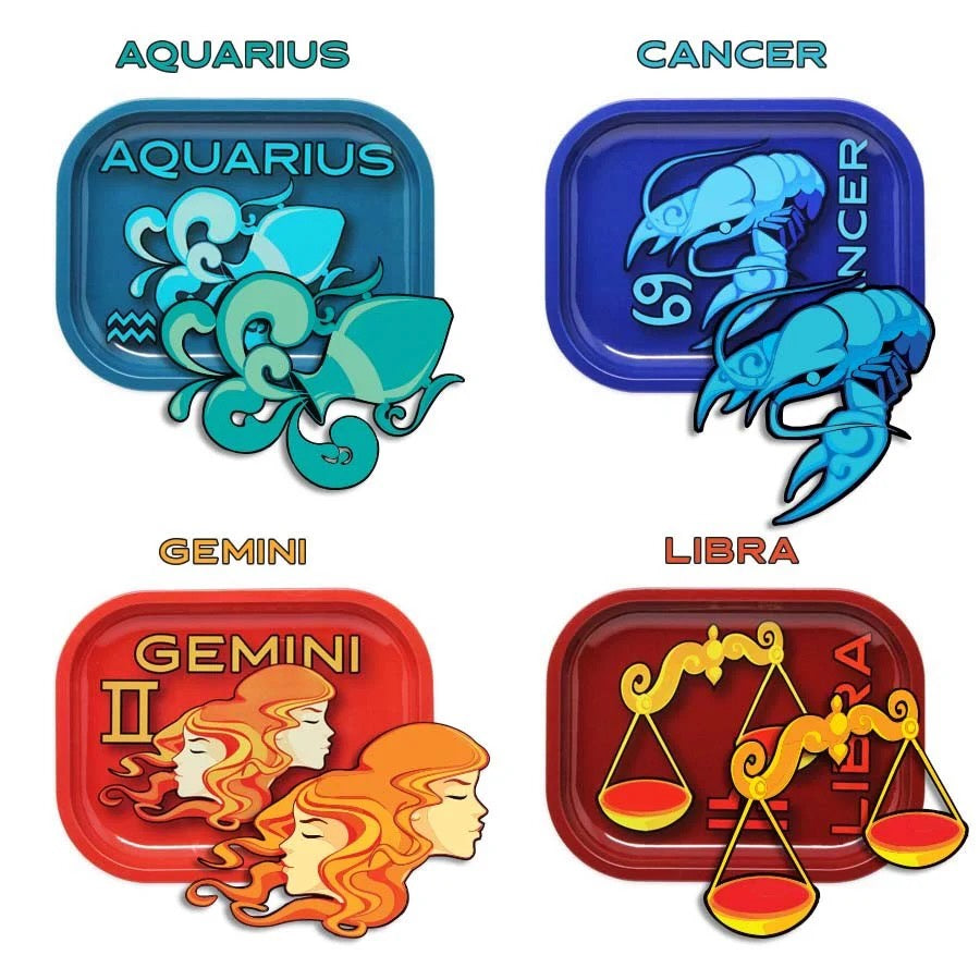 Four zodiac-themed trays labeled Aquarius, Cancer, Gemini, and Libra with corresponding symbols.