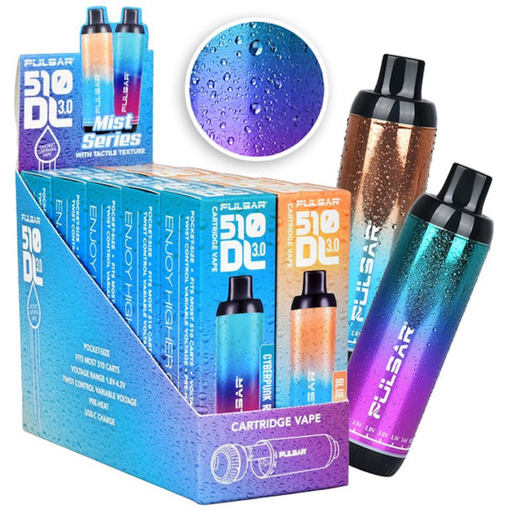 Pulsar vape devices and packaging on a white background