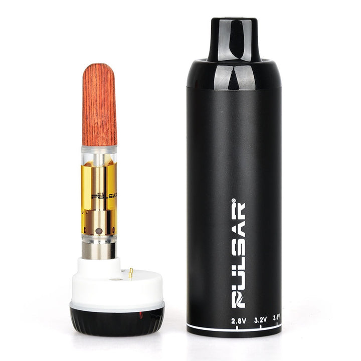 Vape cart pen with wooden tip and black 
pulsar device on a white background
