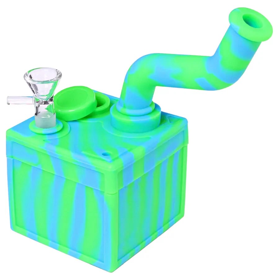 Green and blue striped silicone water pipe on a white background