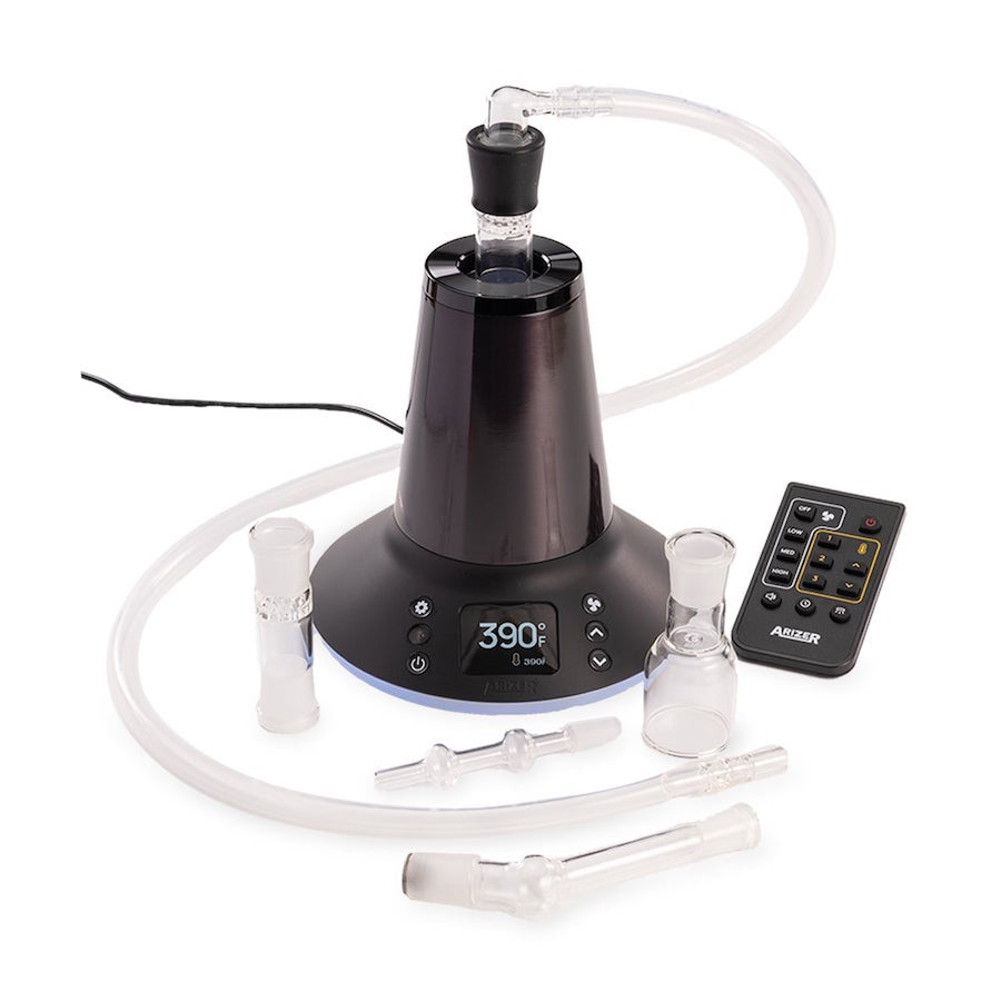Black vape device with digital display and remote control on a white background