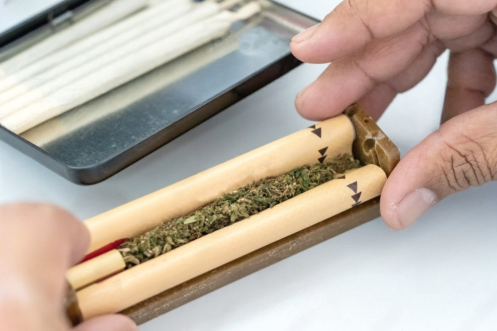 Person using a majuana joint roller with joints rolled in a container on a white backround