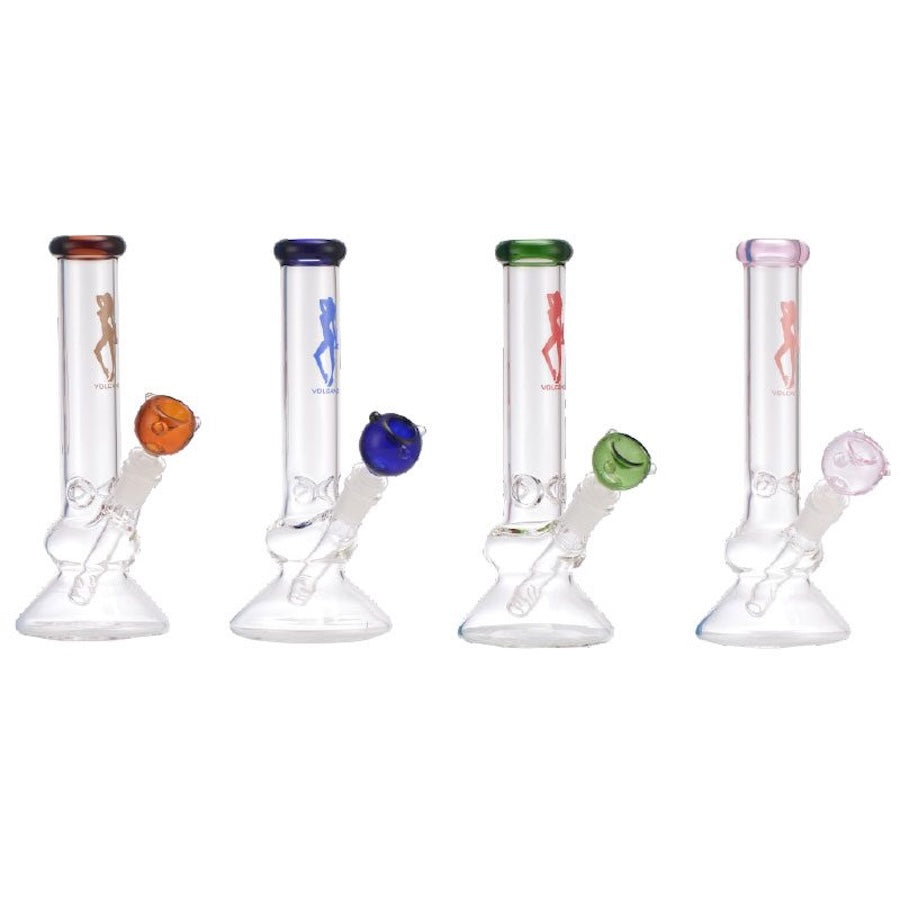 Four glass smoking bongs with colourful bowls on a white background