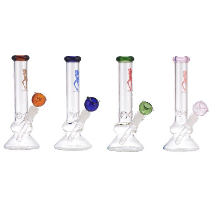 Four glass smoking bongs with colourful bowls on a white background
