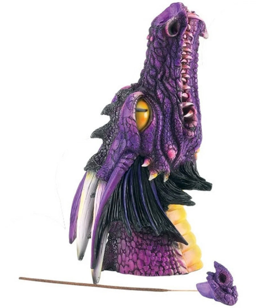 A purple dragon head incense burner on a white background