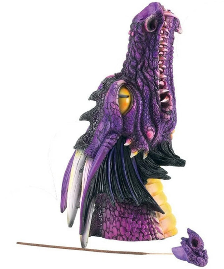 A purple dragon head incense burner on a white background