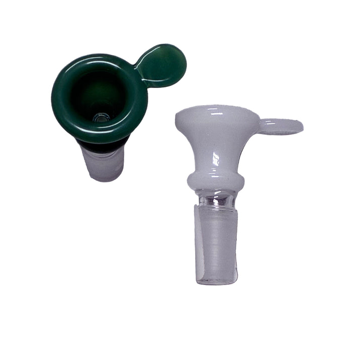 Two glass smoking accessories, one green and one clear, on a white backround