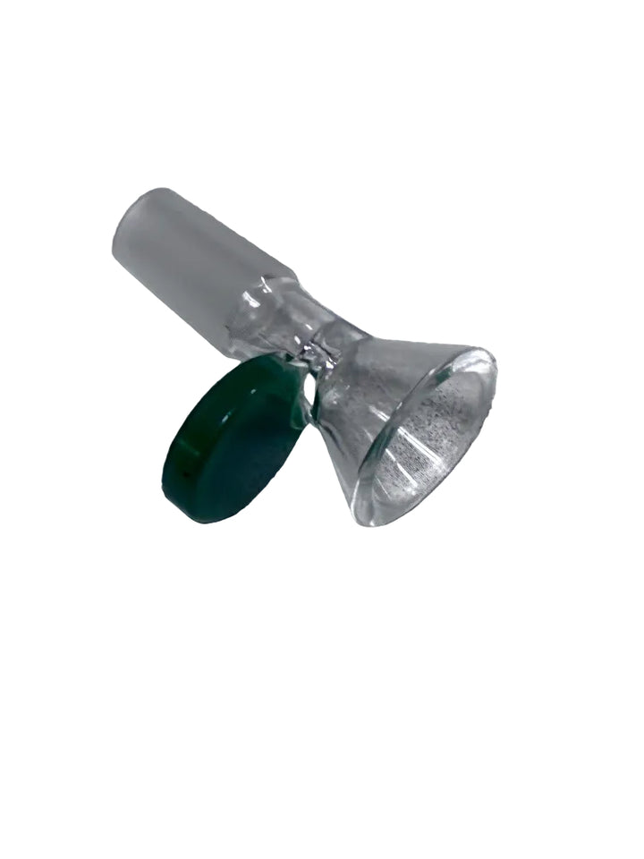 14mm glass bong bowl with green paddle handle on white backround
