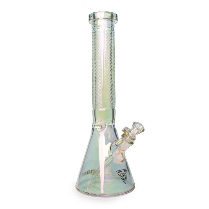 rainbow glass beaker tube with facetted body on white backround