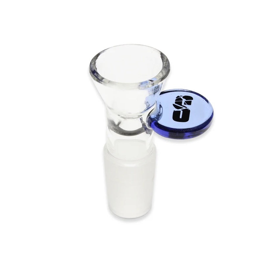 Clear glass bong bowl with a blue handle cap on a white background