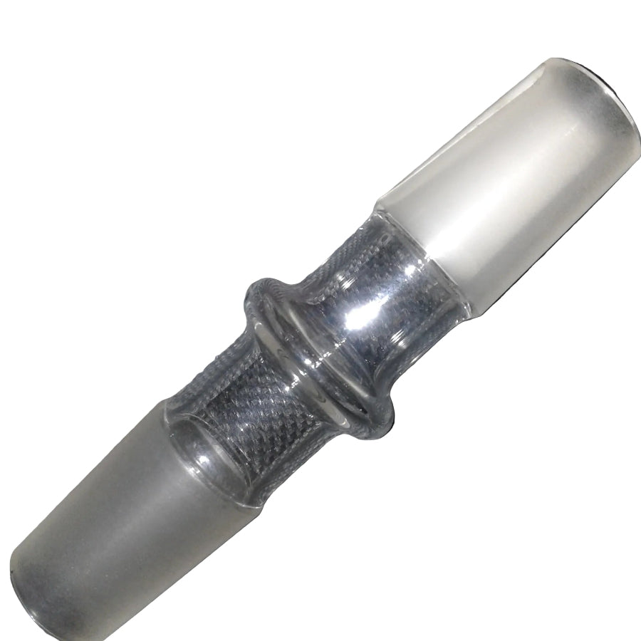 Clear glass pipe with white fitting on a textured gray background