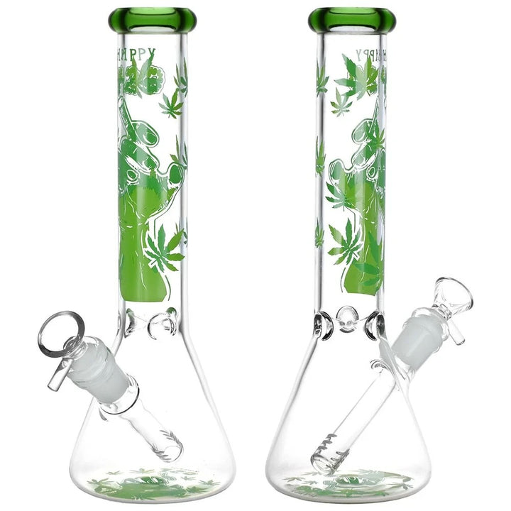 Glass smoking device with green leaf patterns on a white background