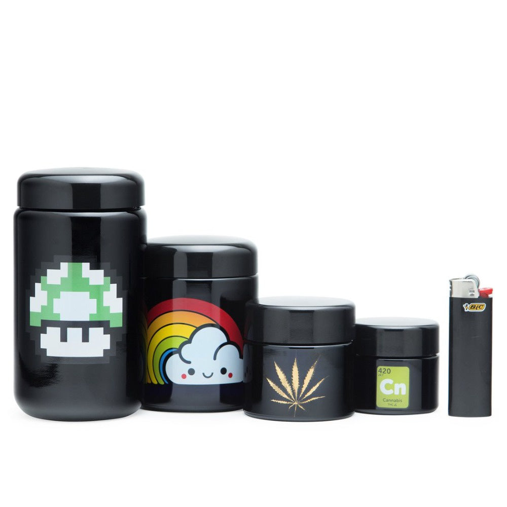 Set of black 420 glass containers with colorful designs and a lighter on a white background