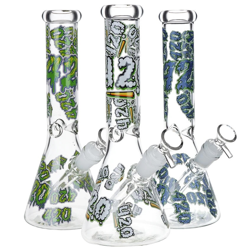Three glass bongs with colorful designs on a white background