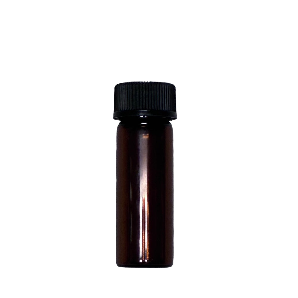 Brown glass bottle with a black cap on a gray background