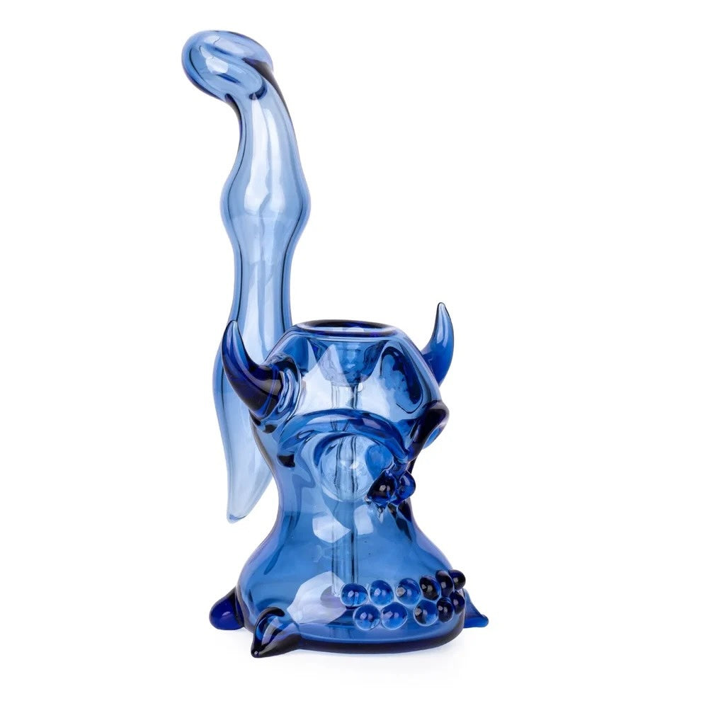 Blue glass skull bubbler smoking accessory on a white background