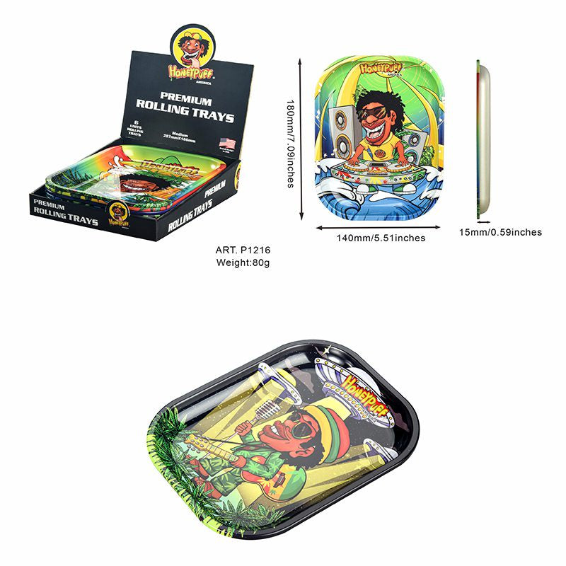 A product listing showing a Maingear branded rolling tray set with dimensions and weight. The image includes an open display box, a single tray viewed from the front, a side profile, and a single tray shown from above on a plain white background.