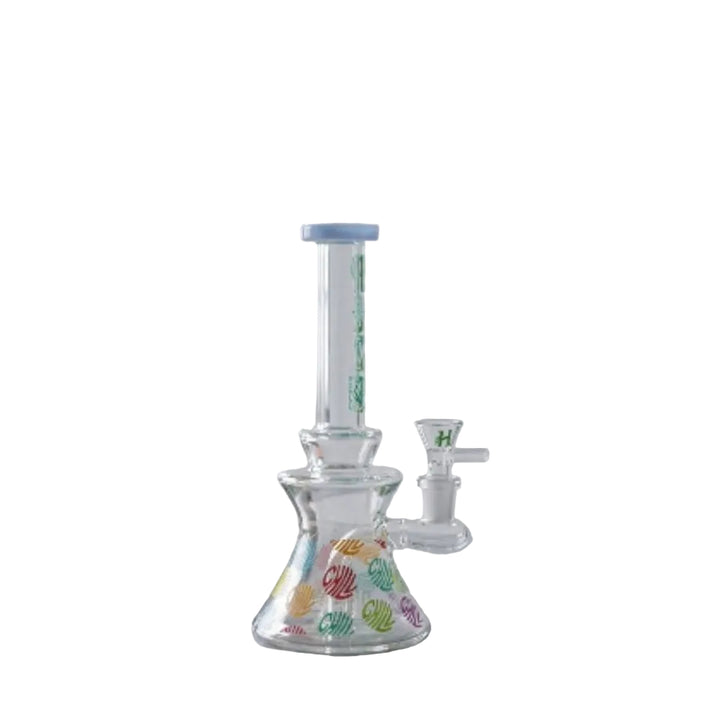 Glass smoking device with colorful design on a white background