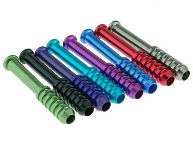 Six metallic threaded one hitters in different colors including green, black, cyan, purple, blue, and red, arranged diagonally on a white background.