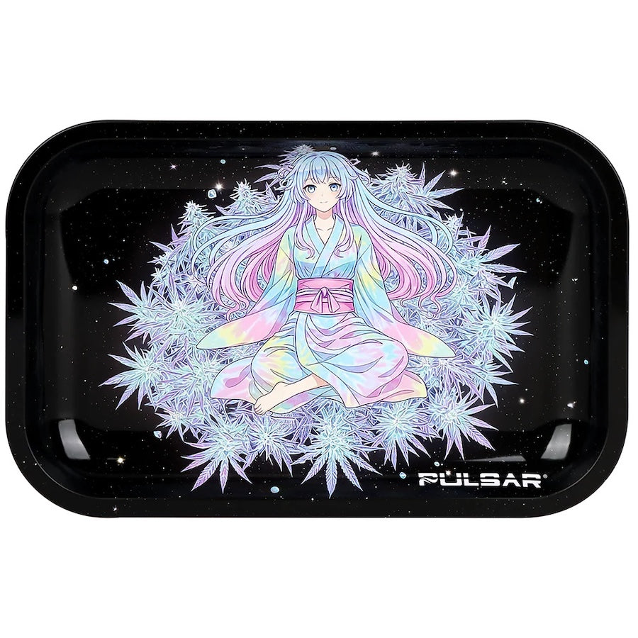 A black rolling tray with rounded corners, featuring a colorful anime-style illustration of a girl meditating among pastel-colored cannabis leaves on a starry black background. The brand name 'PULSAR' is printed in white near the bottom right.