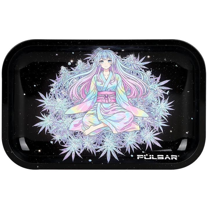 A black rolling tray with rounded corners, featuring a colorful anime-style illustration of a girl meditating among pastel-colored cannabis leaves on a starry black background. The brand name 'PULSAR' is printed in white near the bottom right.