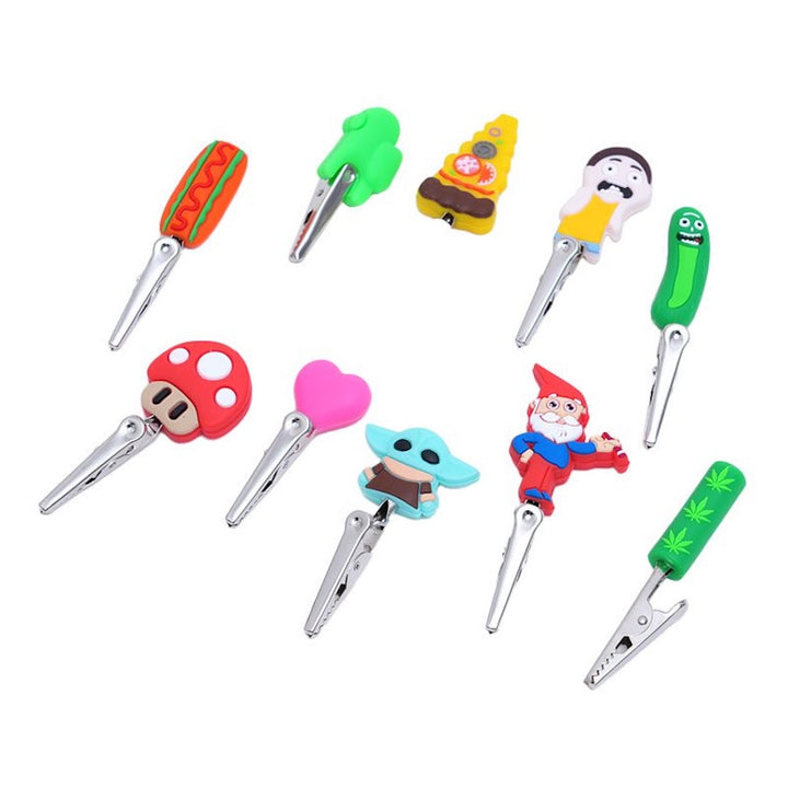 Set of colourful cartoon-style roach clips on a white background