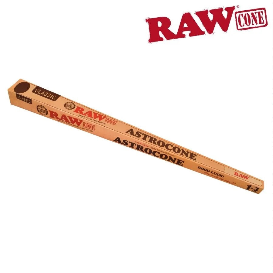 A RAW Cone Astrocone rolling paper package in a tan cardboard sleeve with red and black branding, shown diagonally on a white background with a larger RAW logo in the top right corner.