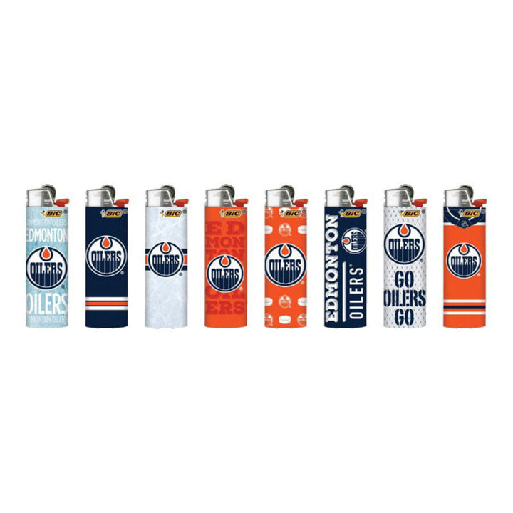 Set of BIC lighters with Edmonton Oilers branding on a white background