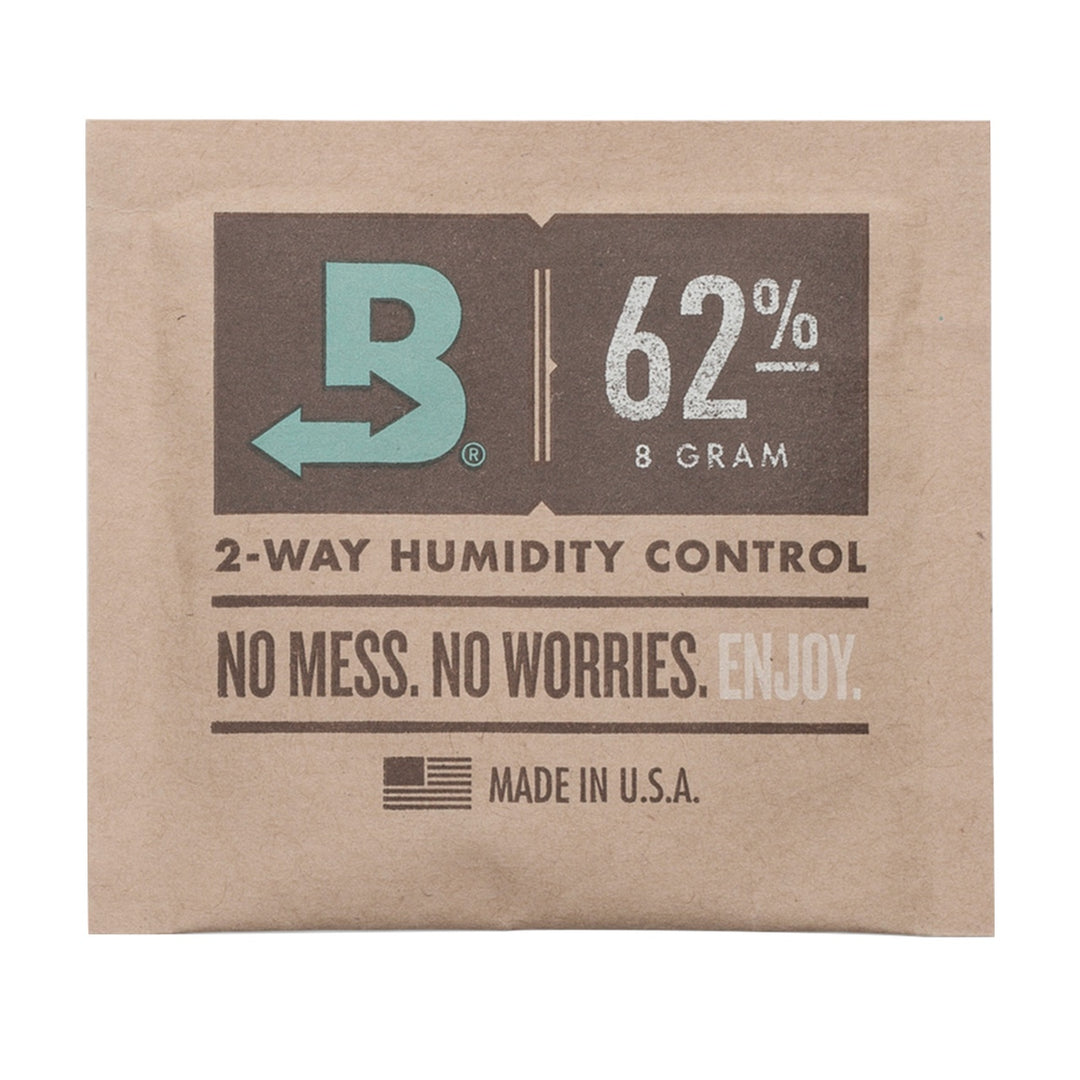 Brown packaging with Boveda logo and humidity control information on a white background