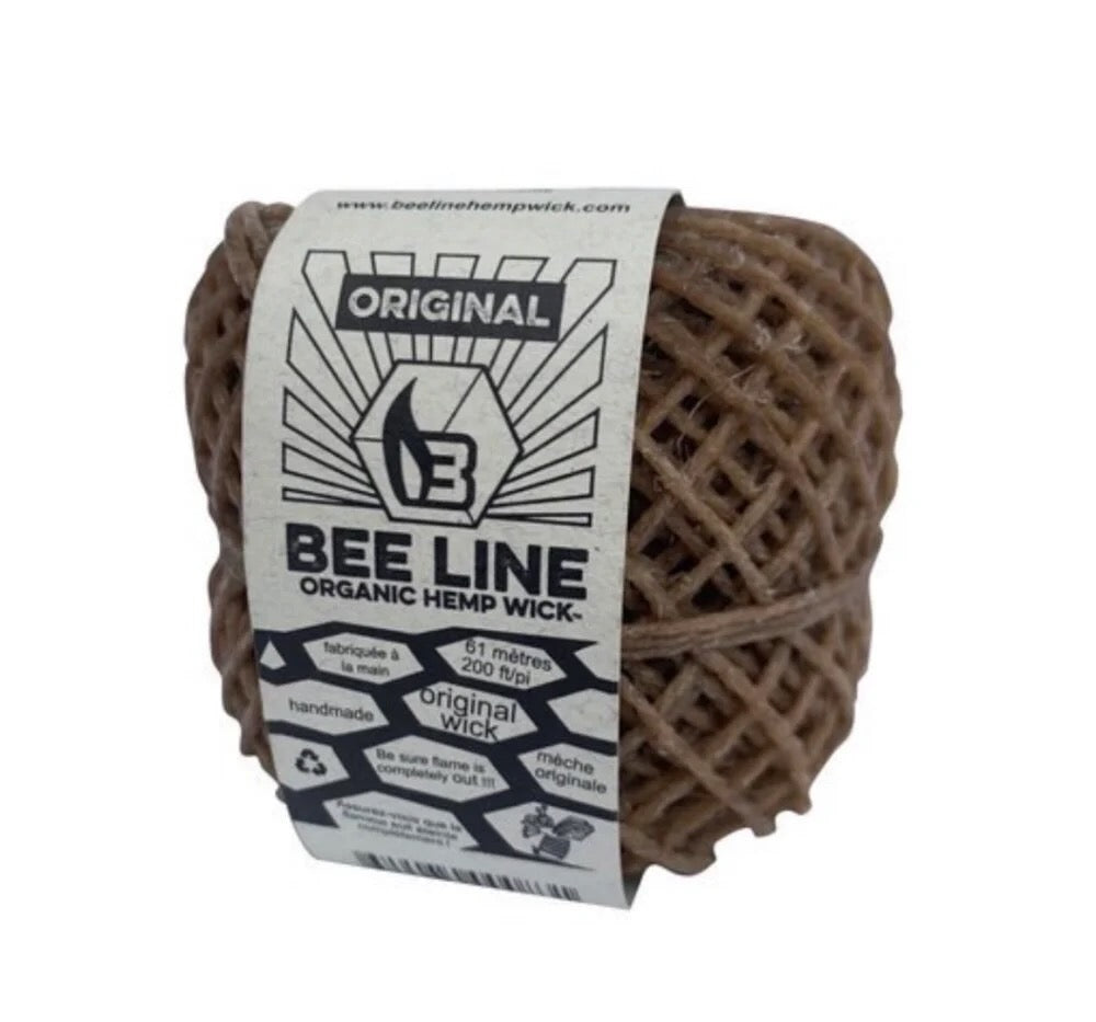 Ball of organic hemp wick with 'Bee Line' label on a white background