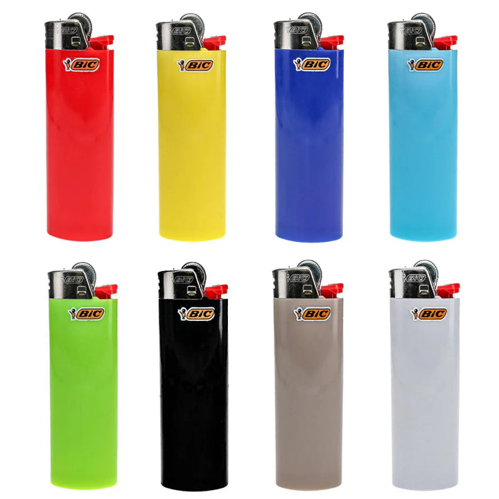 Set of eight BIC lighters in different colors on a white background