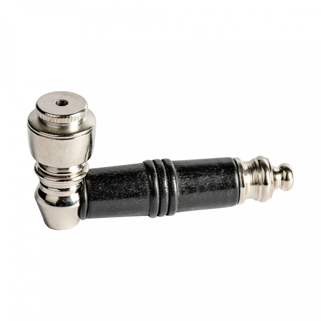 Metallic pipe with silver and black design on a white background