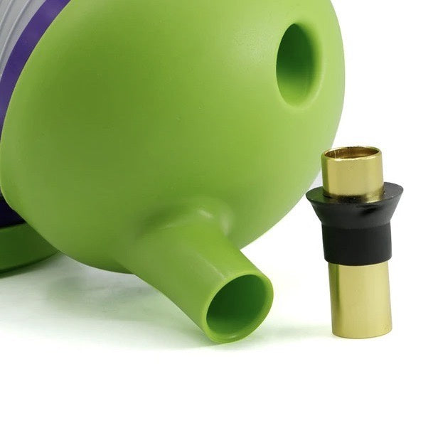 Green silicone hose with a brass fitting on a white background