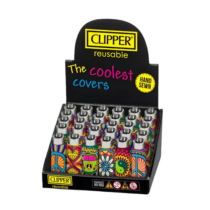 Display of Clipper lighters with colorful designs in a black holder.