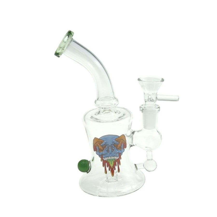 Clear glass water pipe with a colorful skull design on a white background