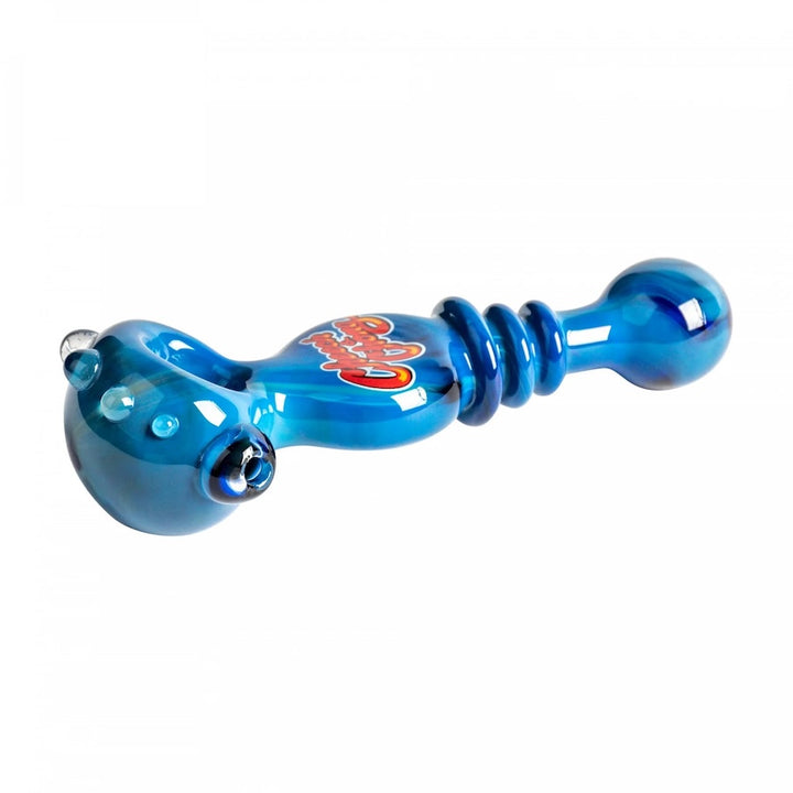 Blue glass pipe with a logo on a white background