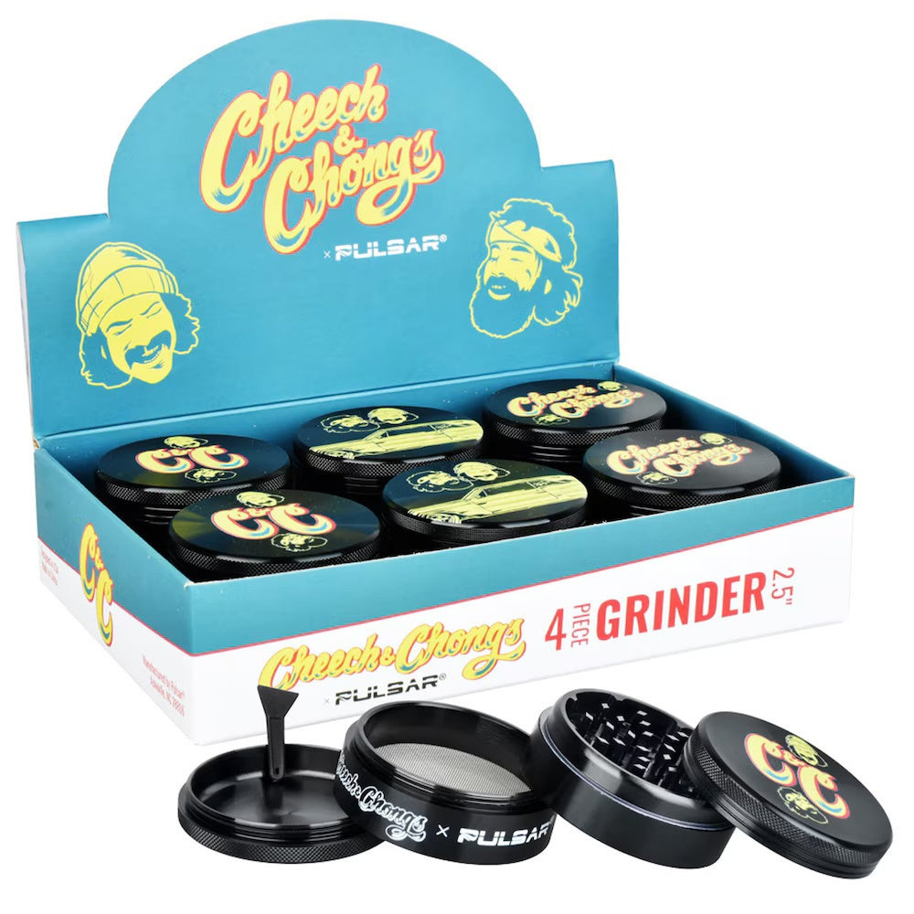 Box of Cheech & Chong branded grinders black in blue and white box - Shell Shock