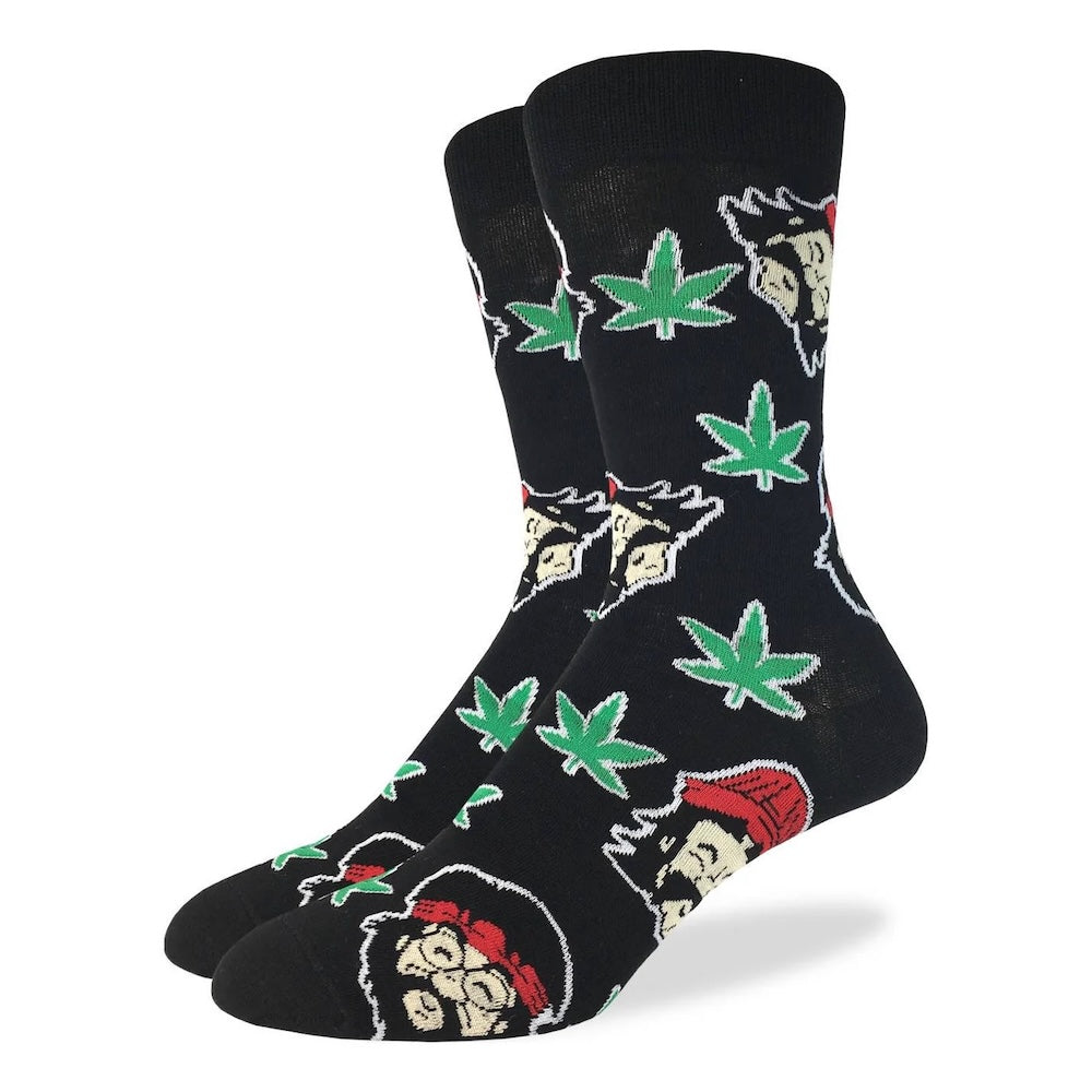 cheech and chong and weed leaves on black socks on white backround