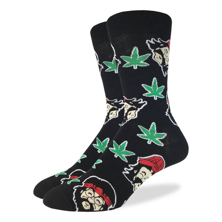 cheech and chong and weed leaves on black socks on white backround