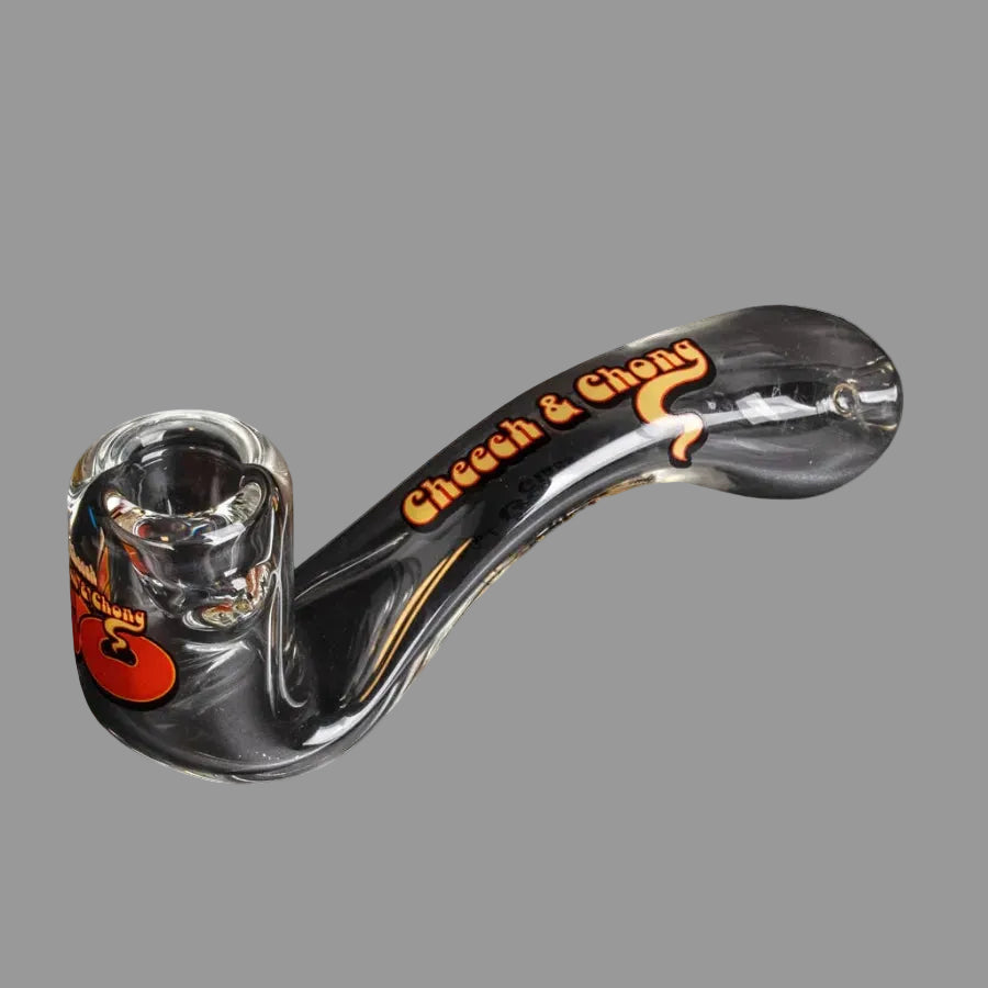 a small glass pipe with a cheech and chong logo on a white background