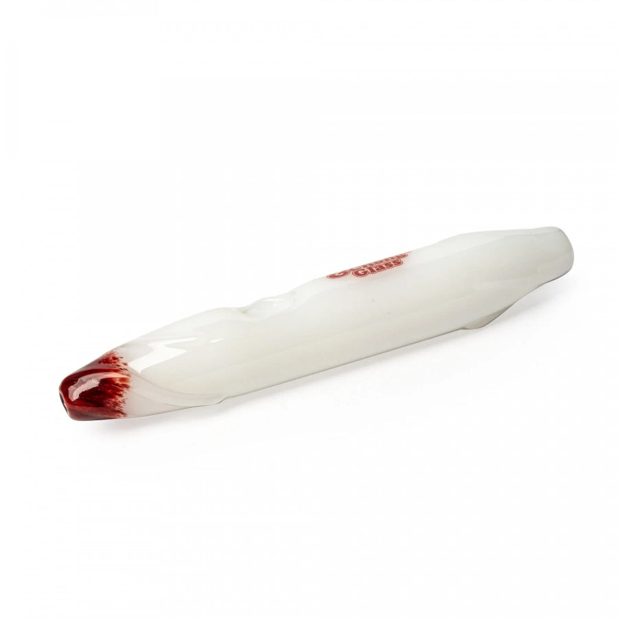 a joint styled looking glass pipe with a red Cheech and Chong logo on a white background