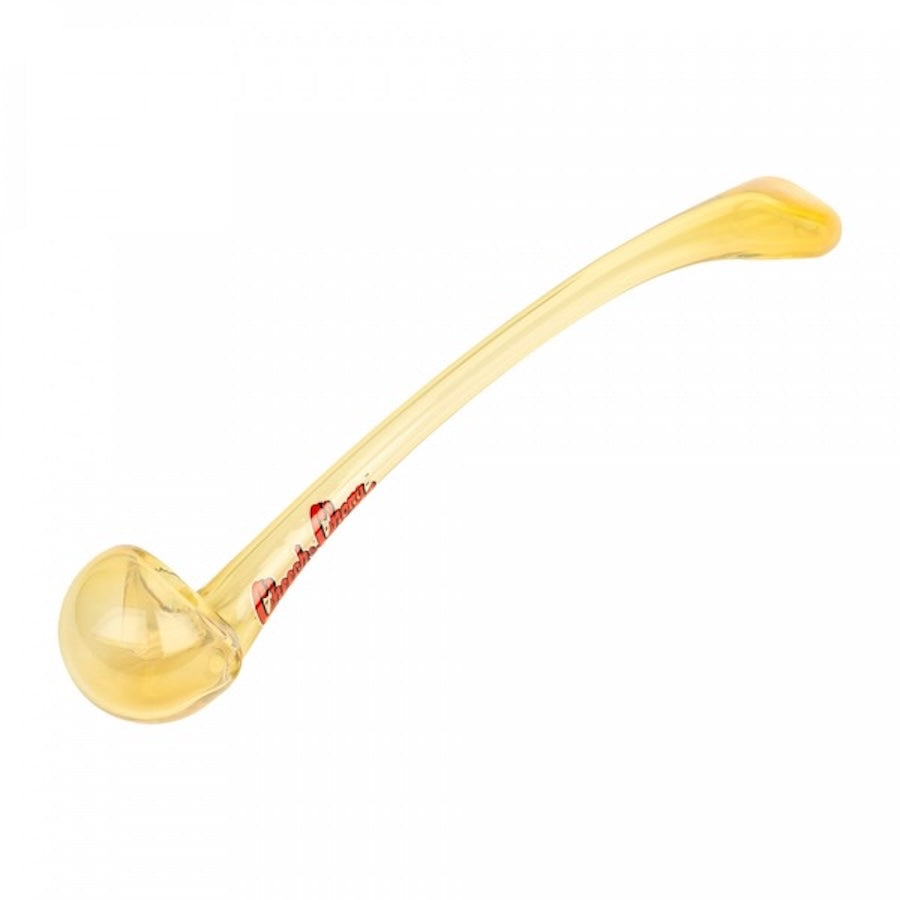 Glass gandolf pipe with red text on a white background