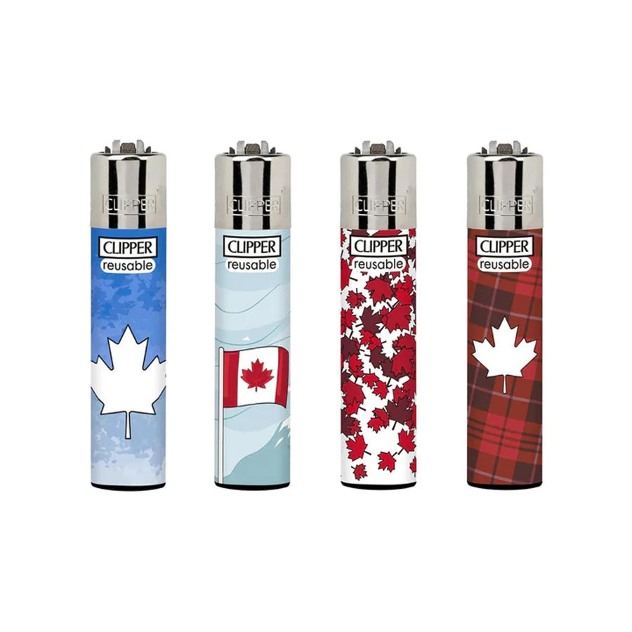 Four Clipper lighters with different designs on a white background