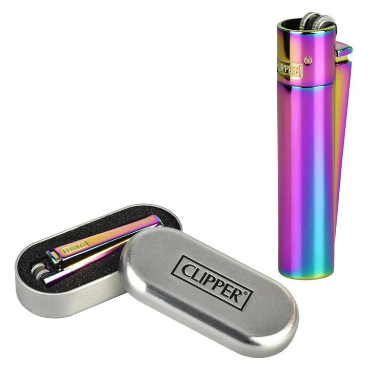 a colourful metallic clipper lighter on a white background