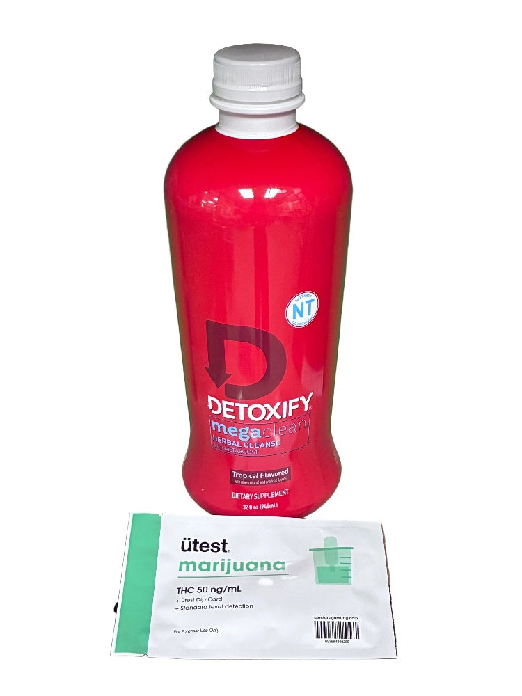 Red Detoxify supplement bottle with a white package labelled 'utest marijuana 50ng' on a white background