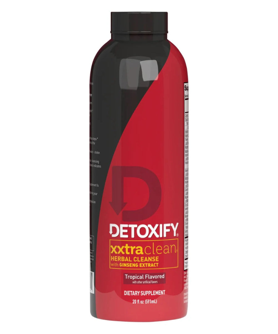 Detoxify xtra clean supplement bottle on a white background