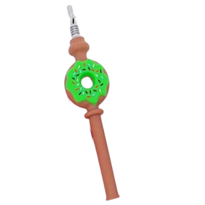 Donut-shaped nectar collector with a brown handle and green top on a white background
