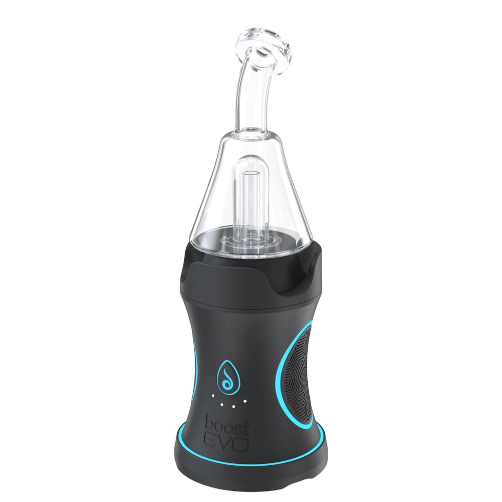 Black and clear vaporization device with 'boost evo' branding on a white background