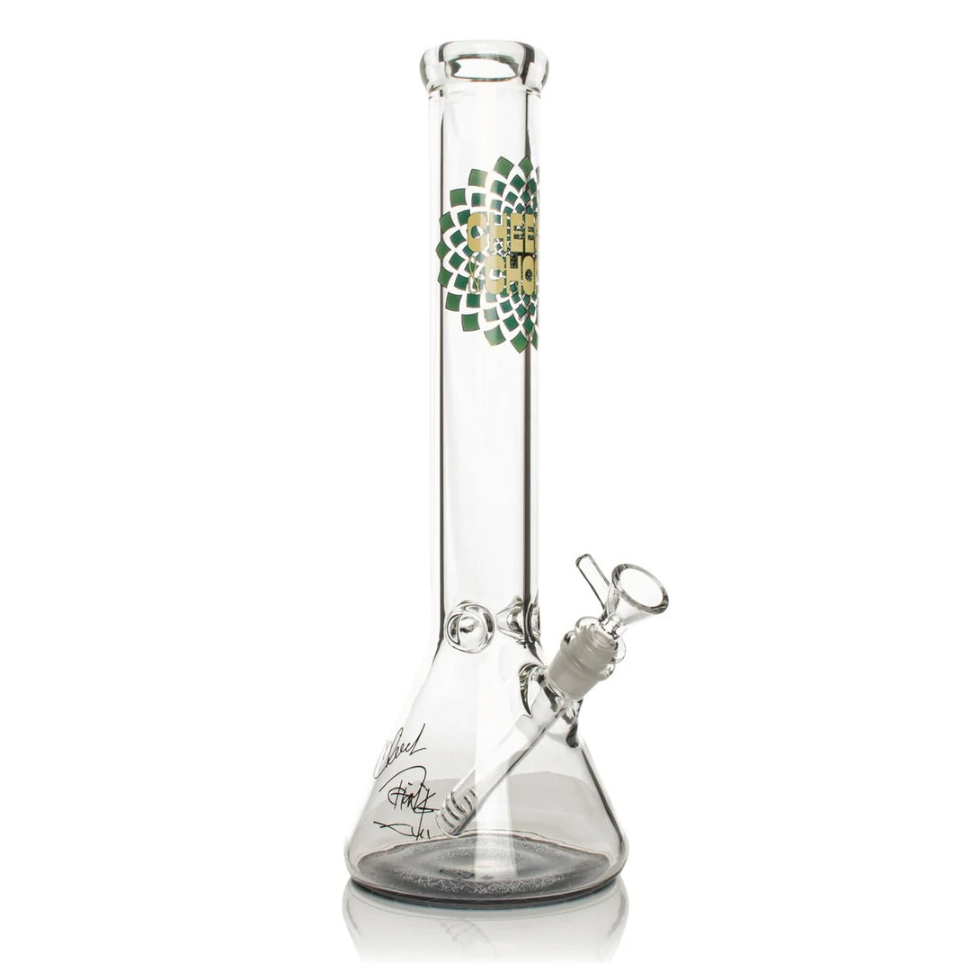 Clear glass beaker with a green and white logo on a white background